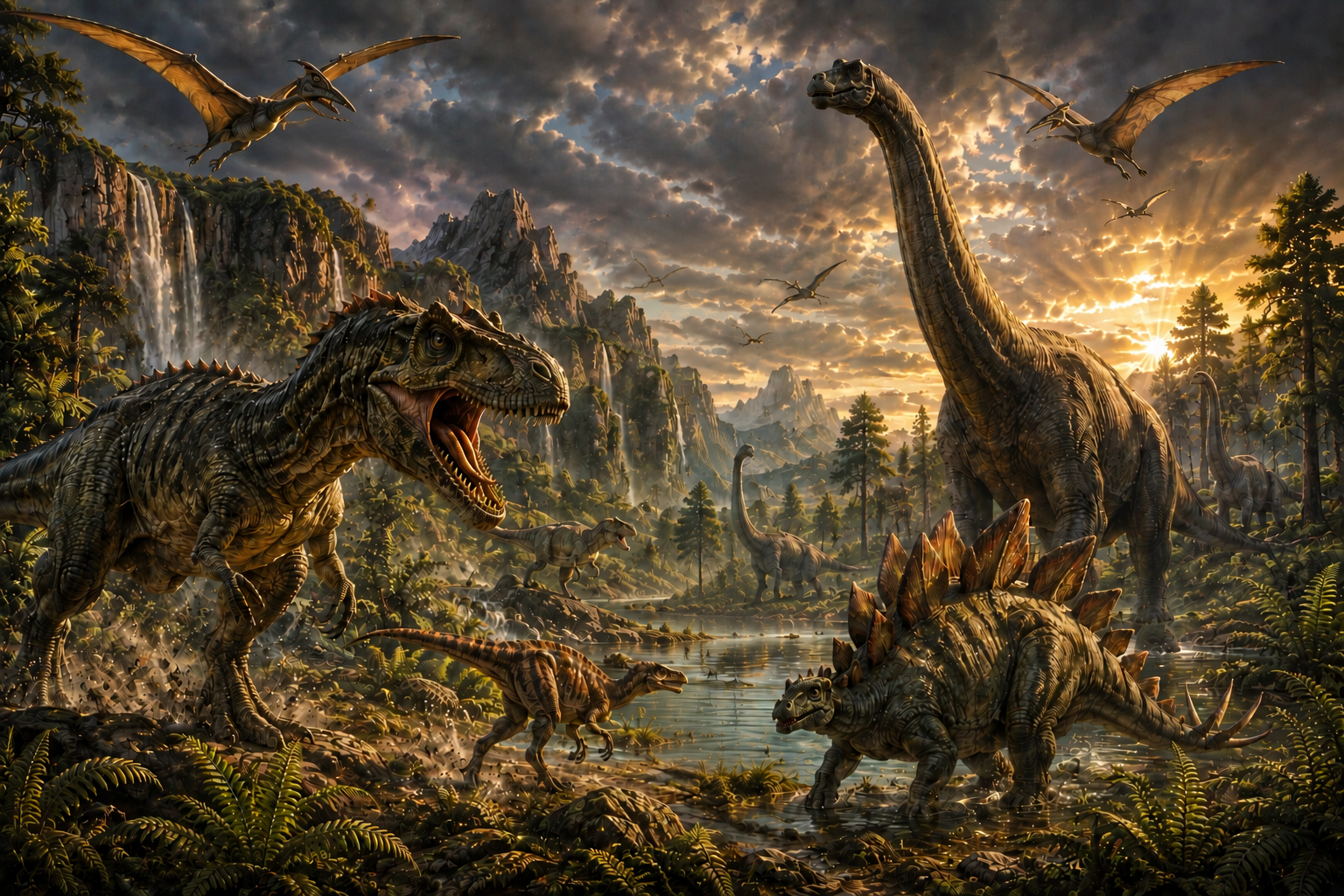 A dramatic Late Jurassic monster landscape with a great theropod, Stegosaurus, immense sauropods, smaller dinosaurs and pterosaurs beneath a storm-lit sky.