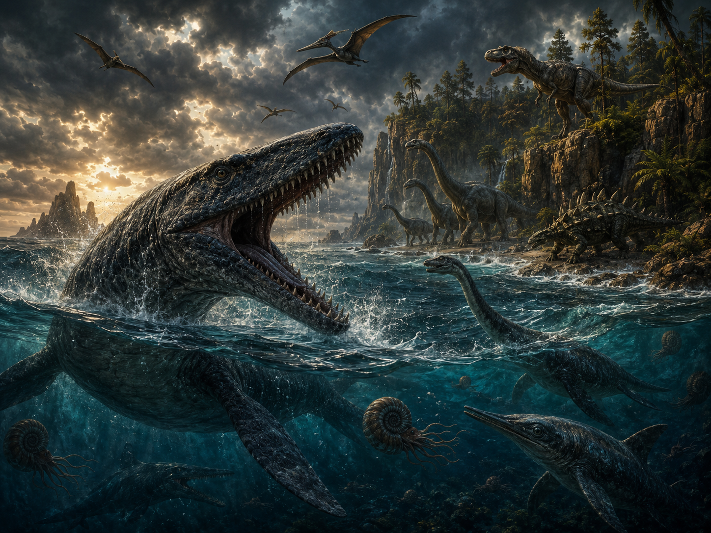 A Middle Jurassic coastline shown above and below the water, with sauropods and theropods ashore, Jurassic pterosaurs overhead and large pliosaurs, plesiosaurs, ichthyosaurs and ammonites in the sea.
