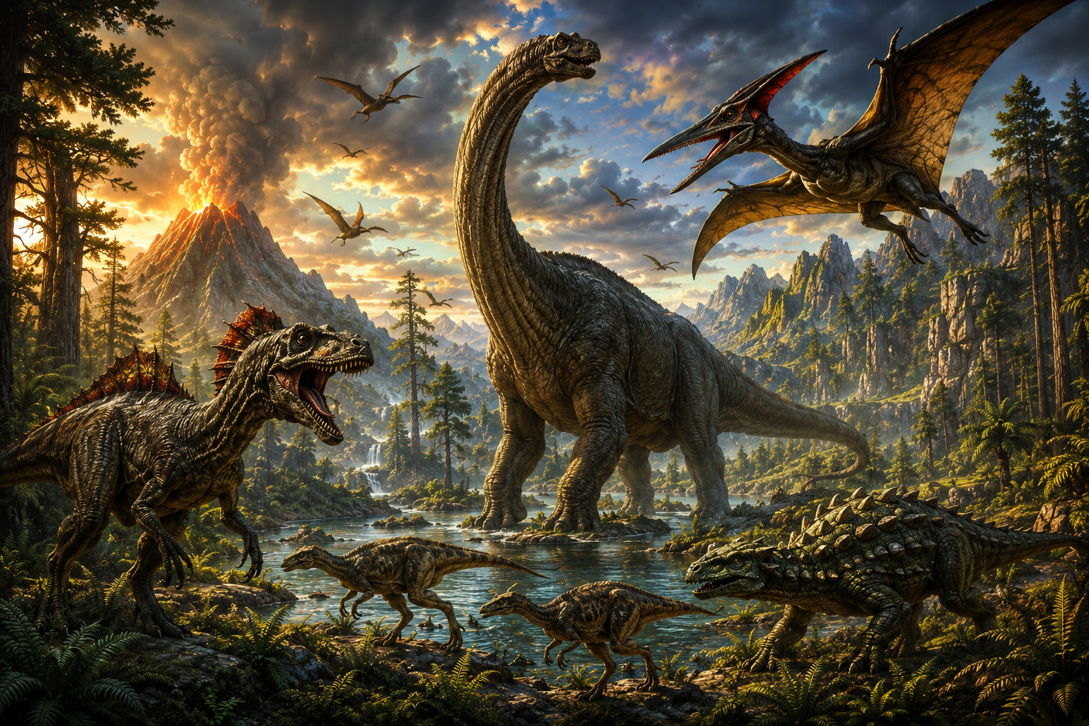 Early Jurassic dinosaurs move through a fern and conifer wilderness as large sauropods rise above the landscape, a crested theropod hunts below and pterosaurs cross the sky.