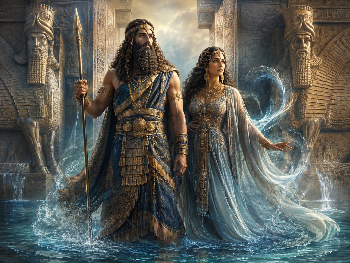 Lahmu as a bearded spear-bearing Mesopotamian guardian beside Lahamu as an ancient primordial goddess of the first waters