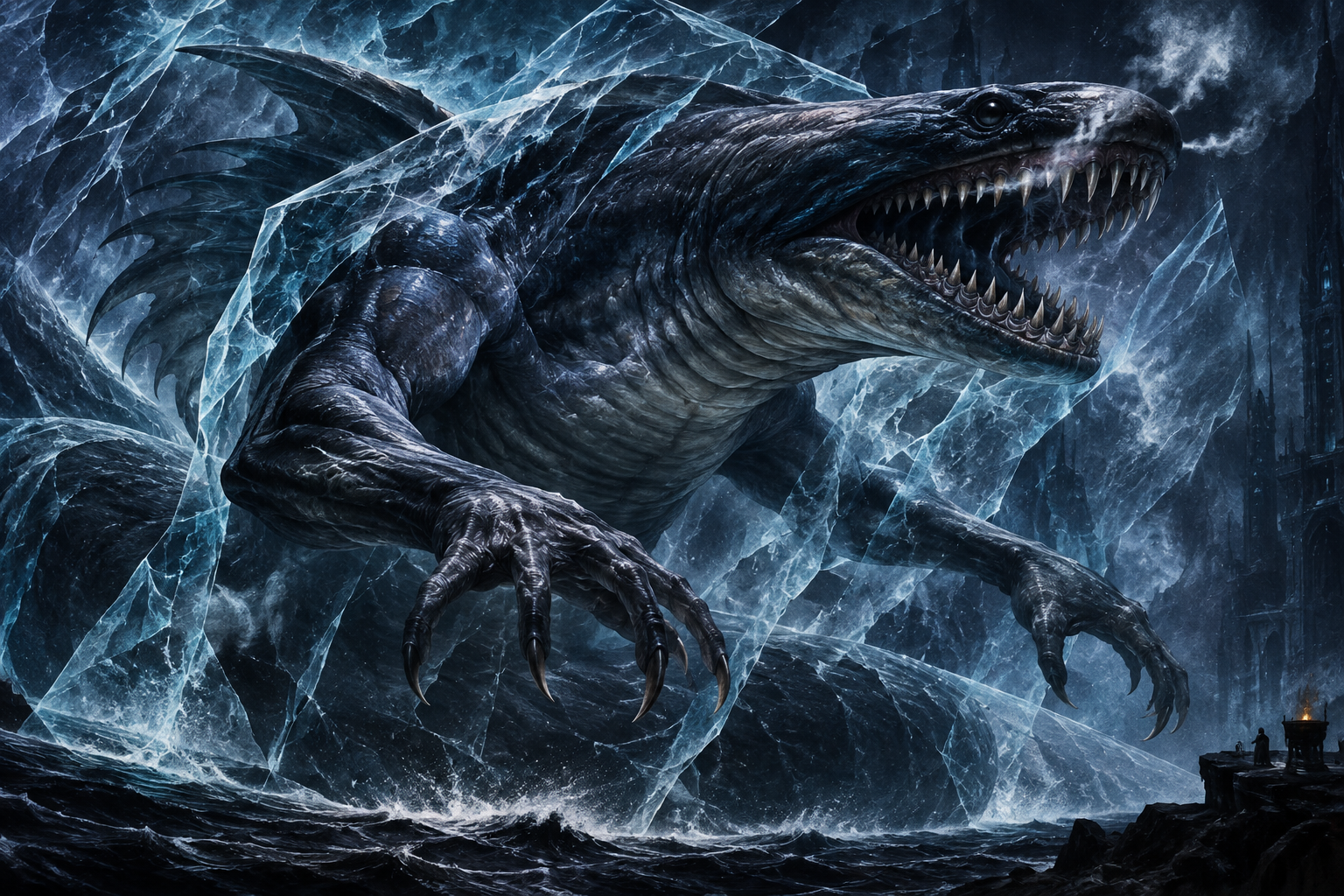 Leviathan, Lord of Stygia, in his immense infernal form amid the frozen Fifth Perdition
