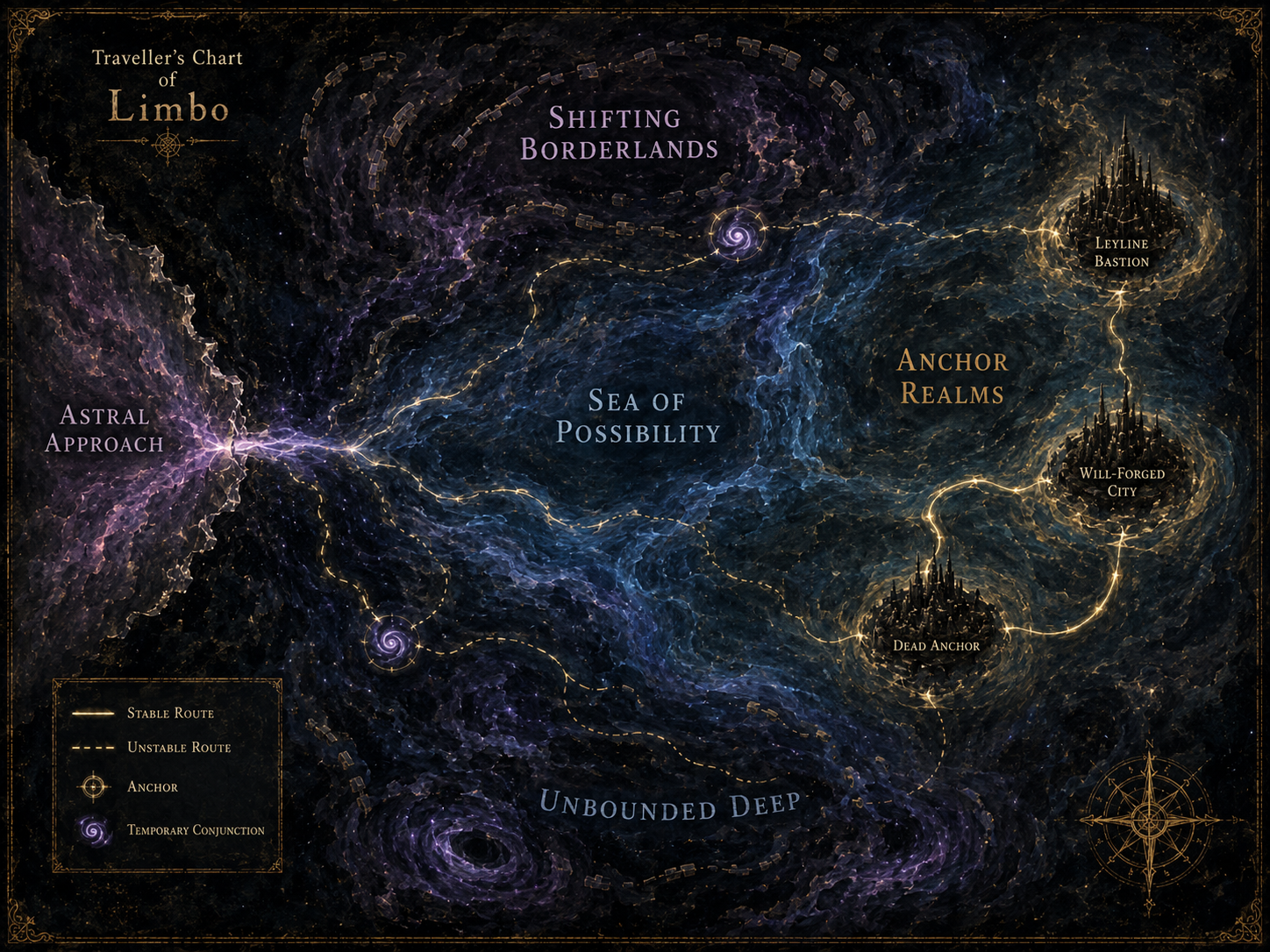Traveller's Chart of Limbo showing the Astral Approach, Shifting Borderlands, Sea of Possibility, Anchor Realms and Unbounded Deep linked by stable routes, unstable routes and temporary conjunctions