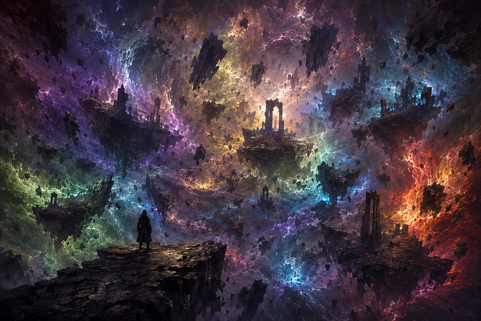 A traveller overlooking Limbo, the chaotic Outer Plane of fractured terrain, broken gravity, floating ruins and constantly changing multicoloured reality