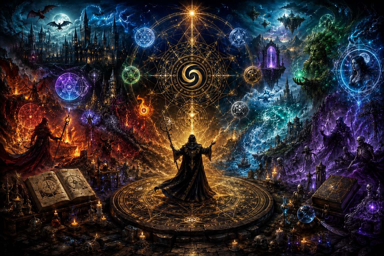 Mage commanding the interwoven traditions of magic across the SpiralWorlds cosmology