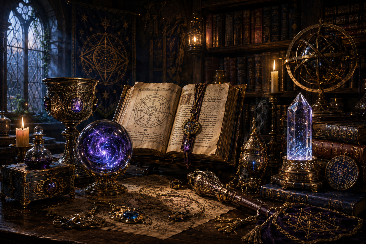 Ancient grimoire, enchanted relics and magical artefacts in an occult study