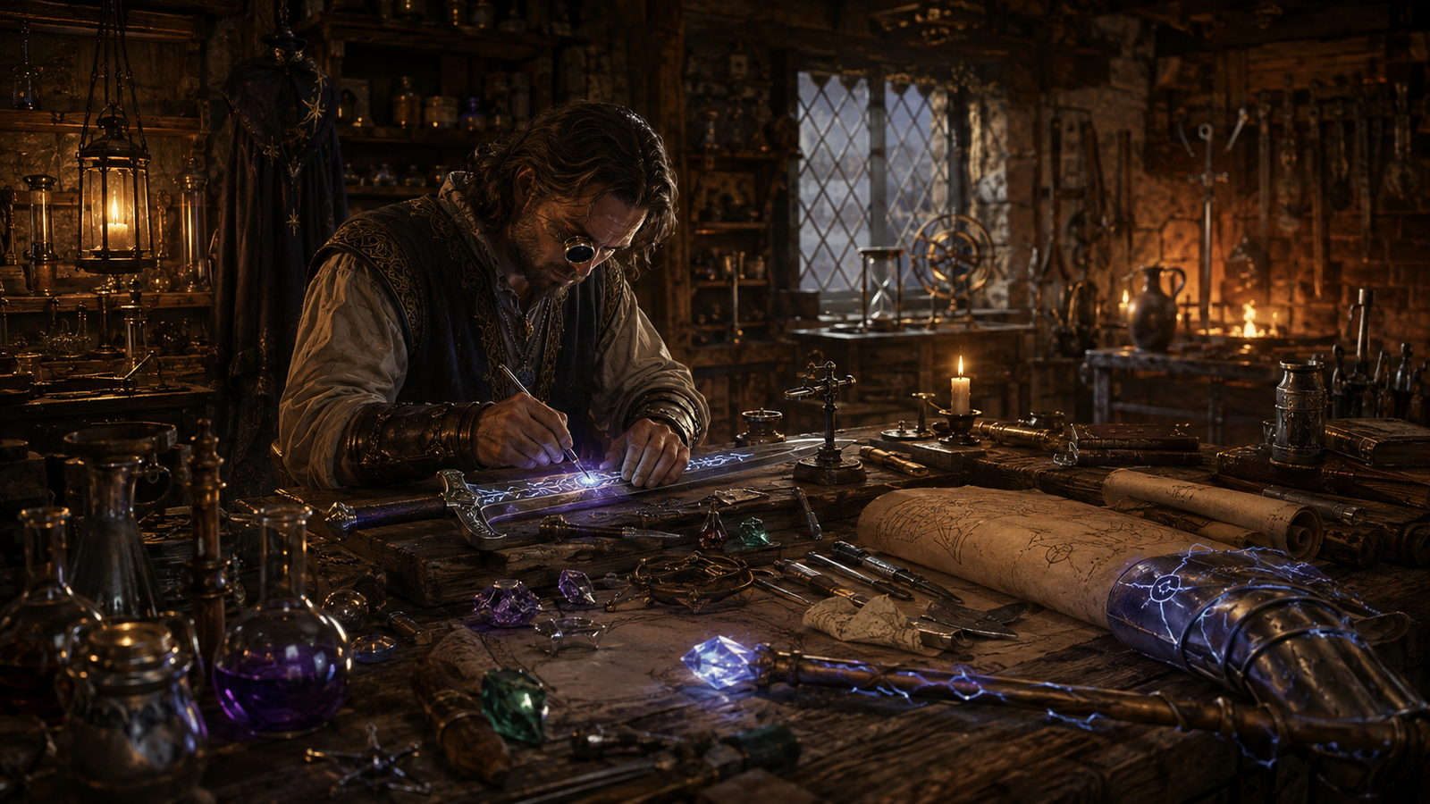 Magic item descriptions illustrated by enchanted weapons, rings, potions, scrolls and wands in an enchanter's workshop