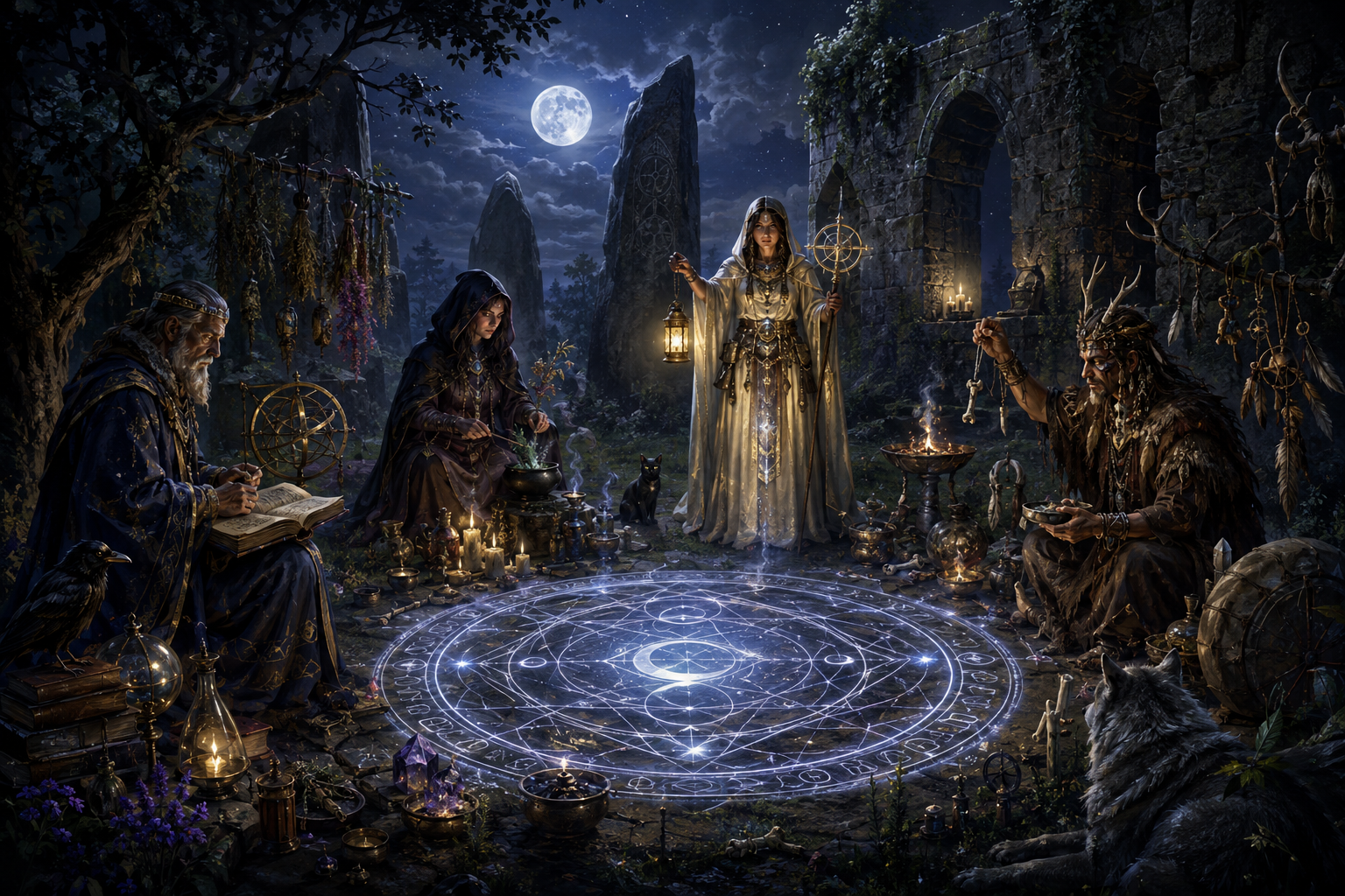 Practitioners conducting different magical traditions in a moonlit ritual circle