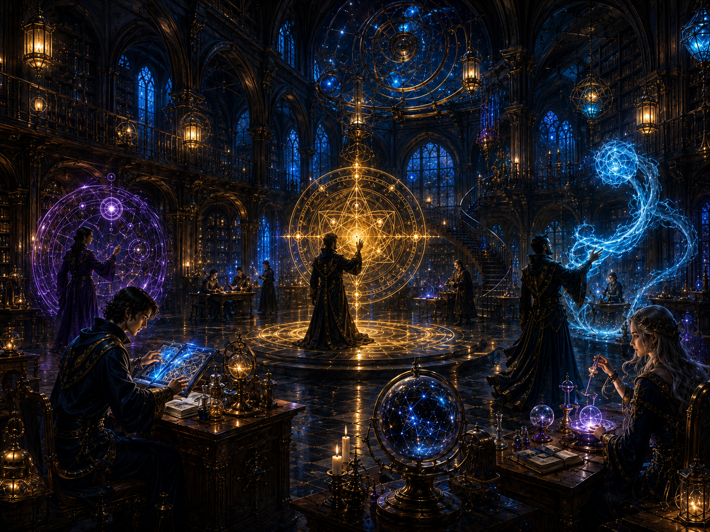 Students and spellcasters studying magical classes and occult theory in an arcane academy