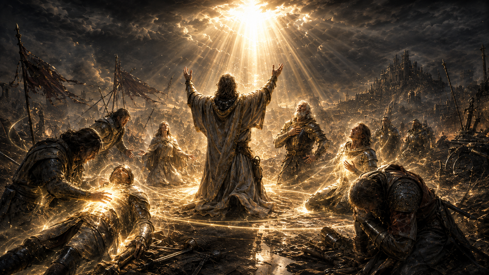 Miracle spell restoring fallen warriors through divine intervention on a ruined medieval battlefield