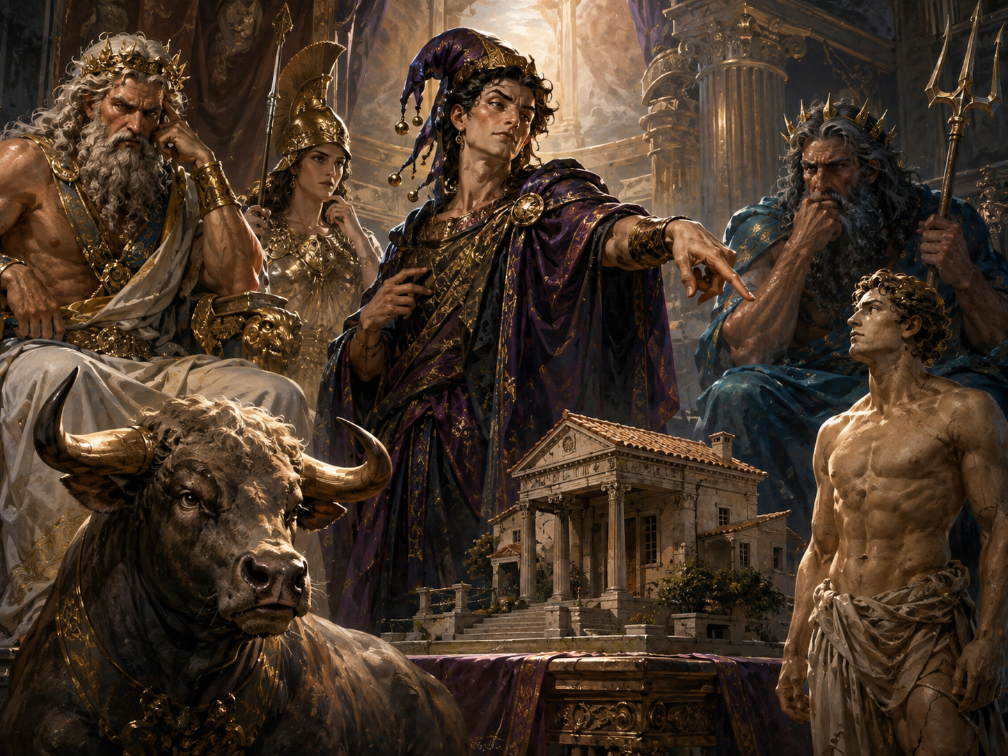 Momus judging the works of the gods before Zeus, Athena and Poseidon, with the bull, house and human creations