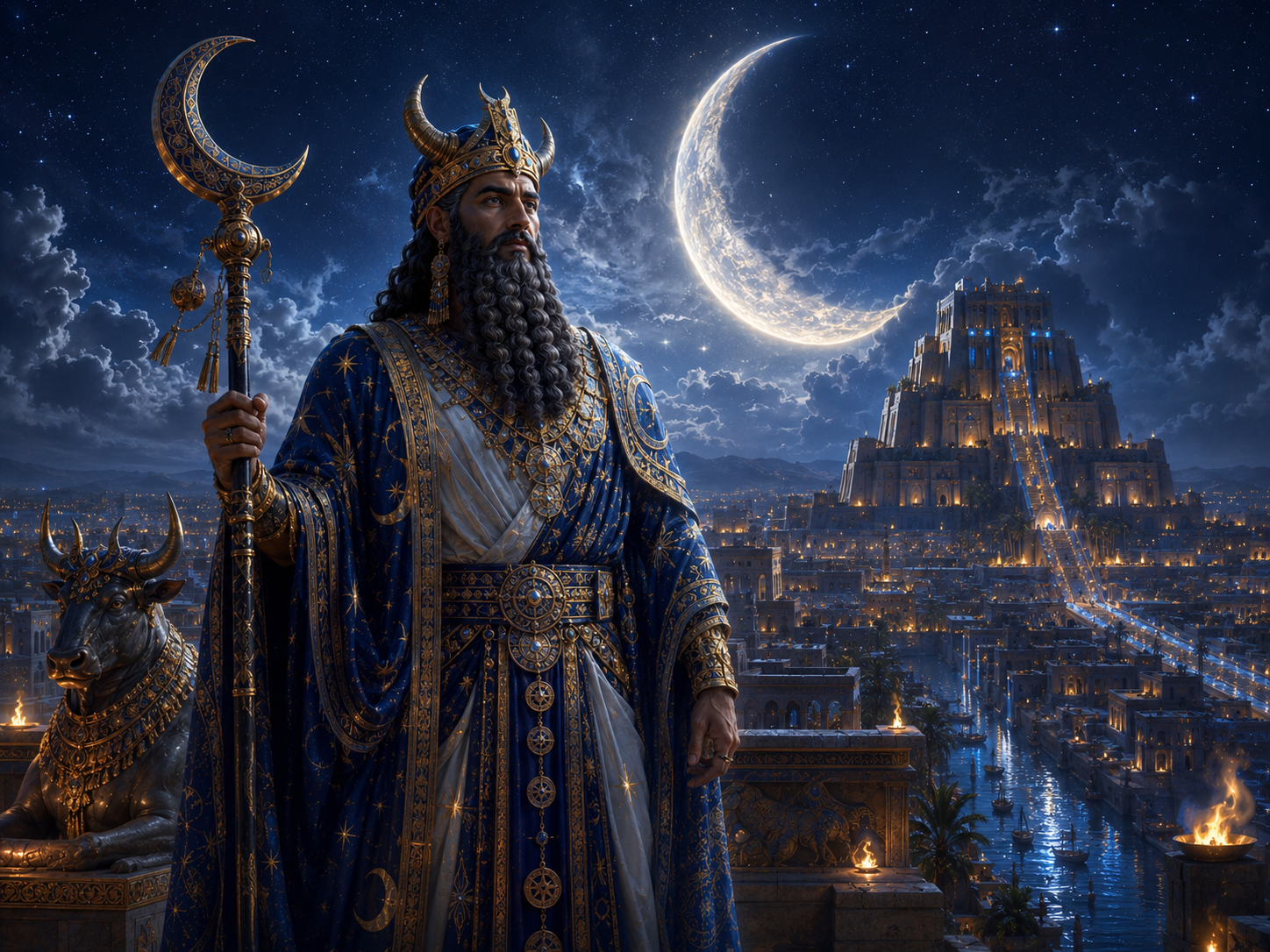 Nanna Sin, Mesopotamian moon god overlooking Celestial Ur beneath the crescent moon