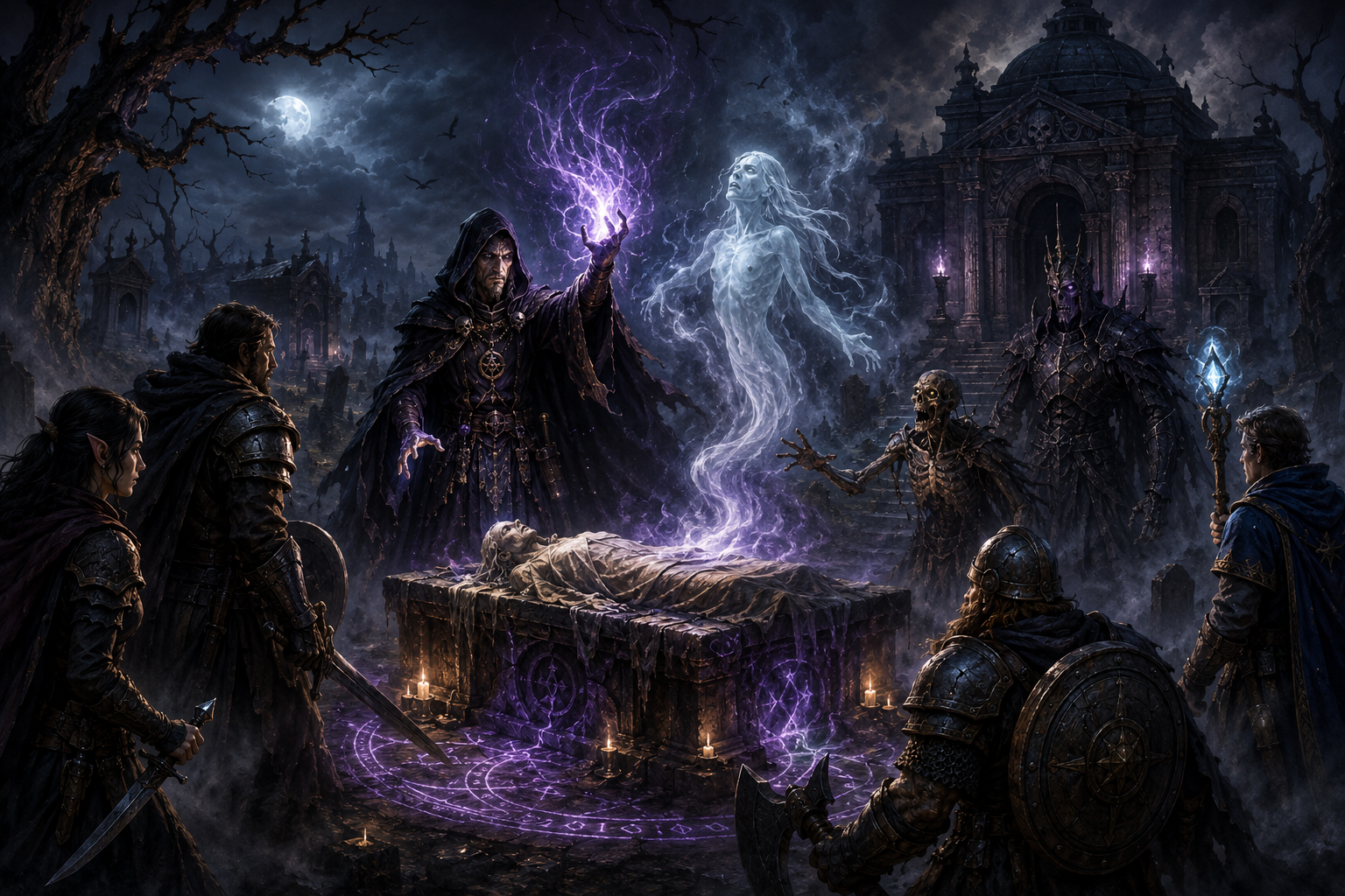Necromancer drawing a spirit from a corpse as adventurers confront undead in a moonlit cemetery
