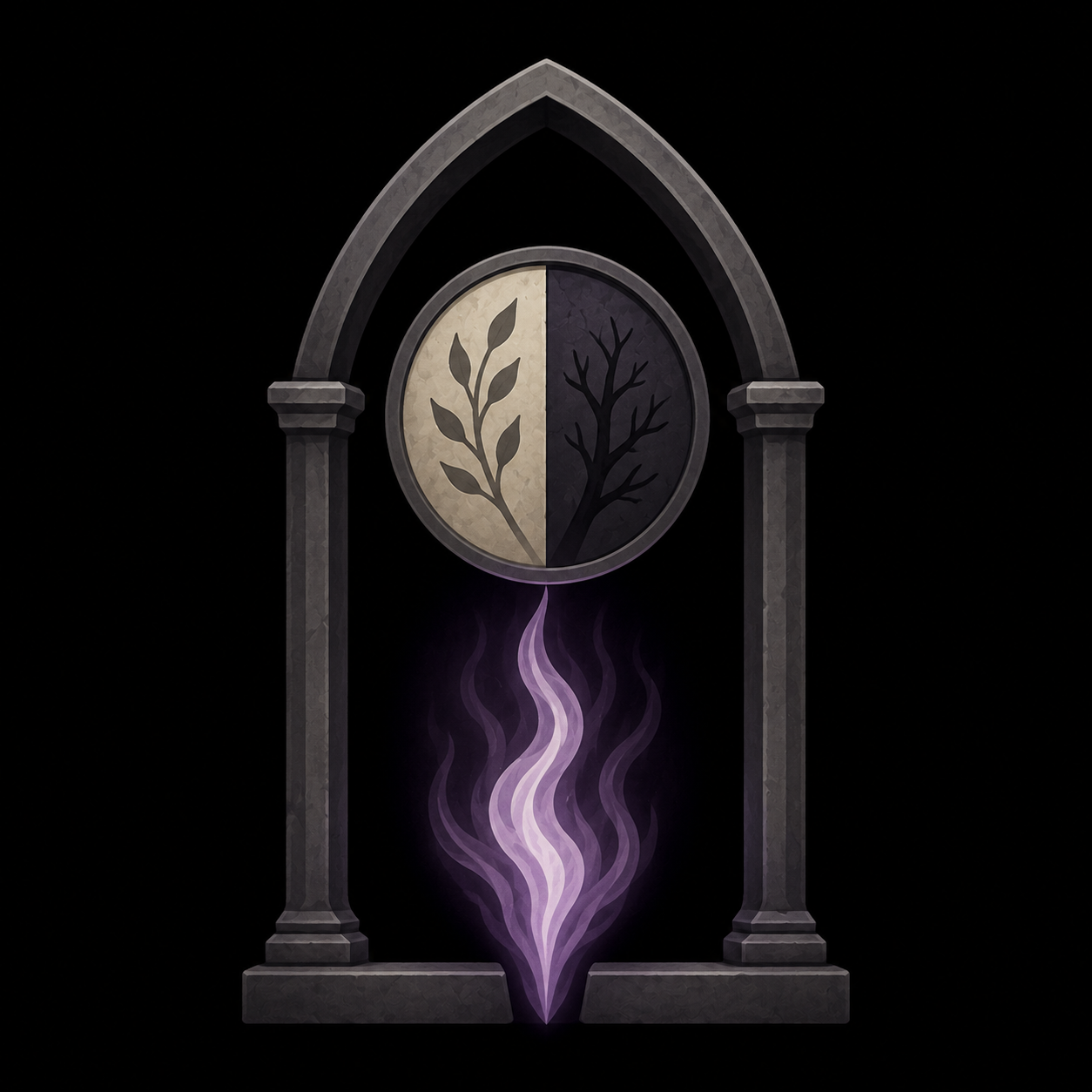 Necromancy school sigil showing life, death and a spirit passing through a funerary arch