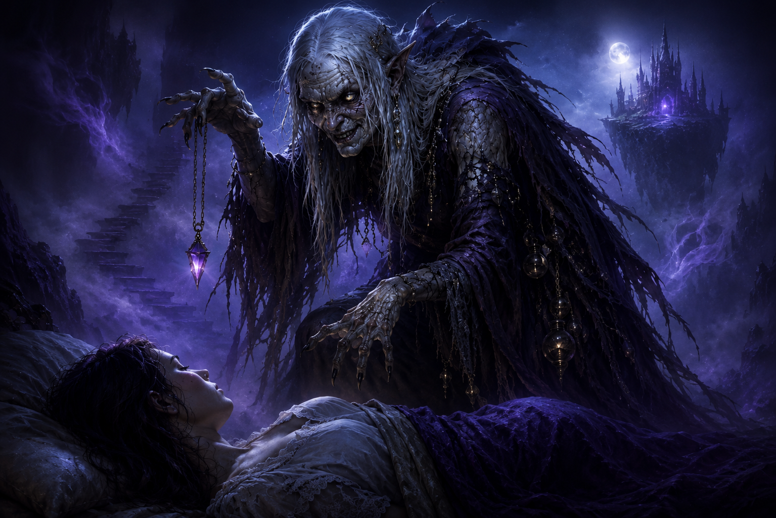 A corpse-thin Night Hag with blue-violet skin and burning eyes looms over a sleeping mortal amid ethereal nightmare vapour.