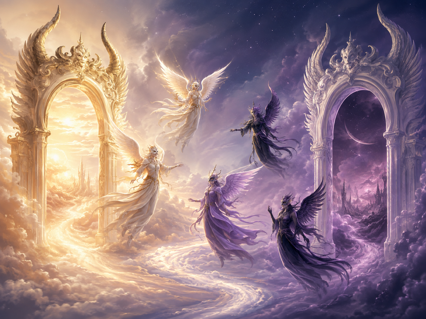 Oneiroi dream spirits passing between the Gates of Horn and Ivory in Oneirion