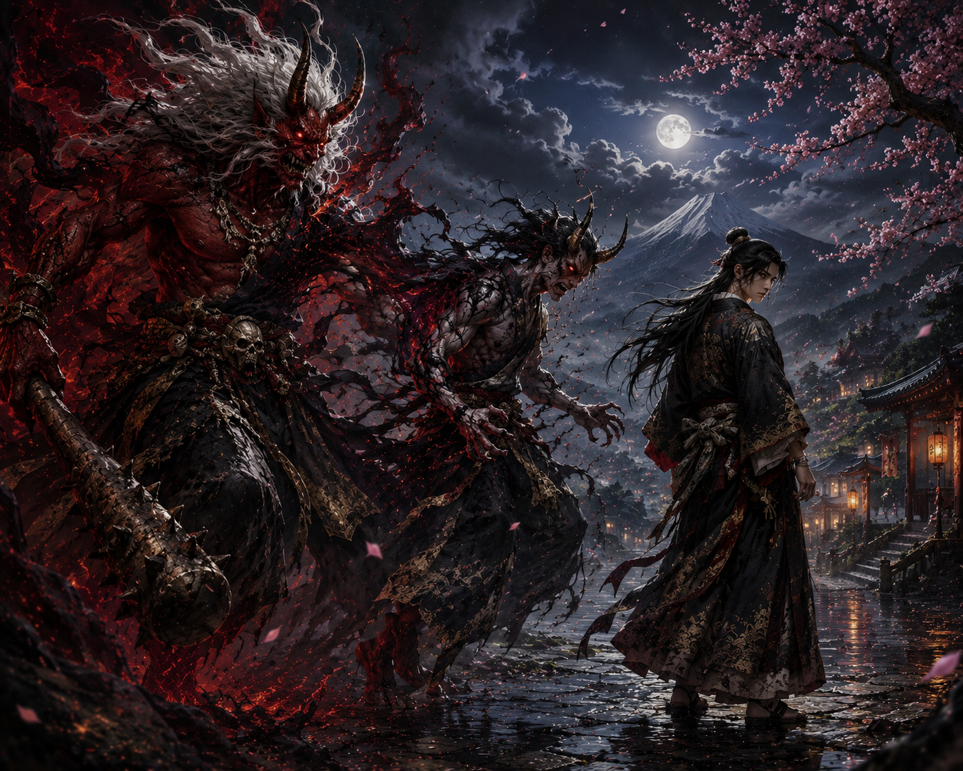 Horned oni revealing its monstrous form from a human disguise in 15th-century Japan