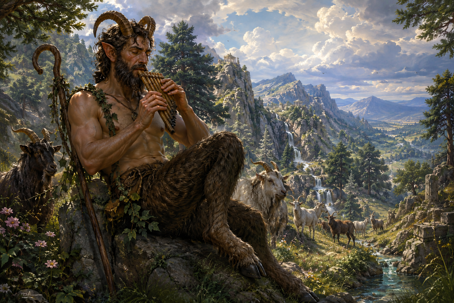 Pan, Hellenic god of shepherds and the wild, playing his syrinx among goats in the mountains of Arcadia