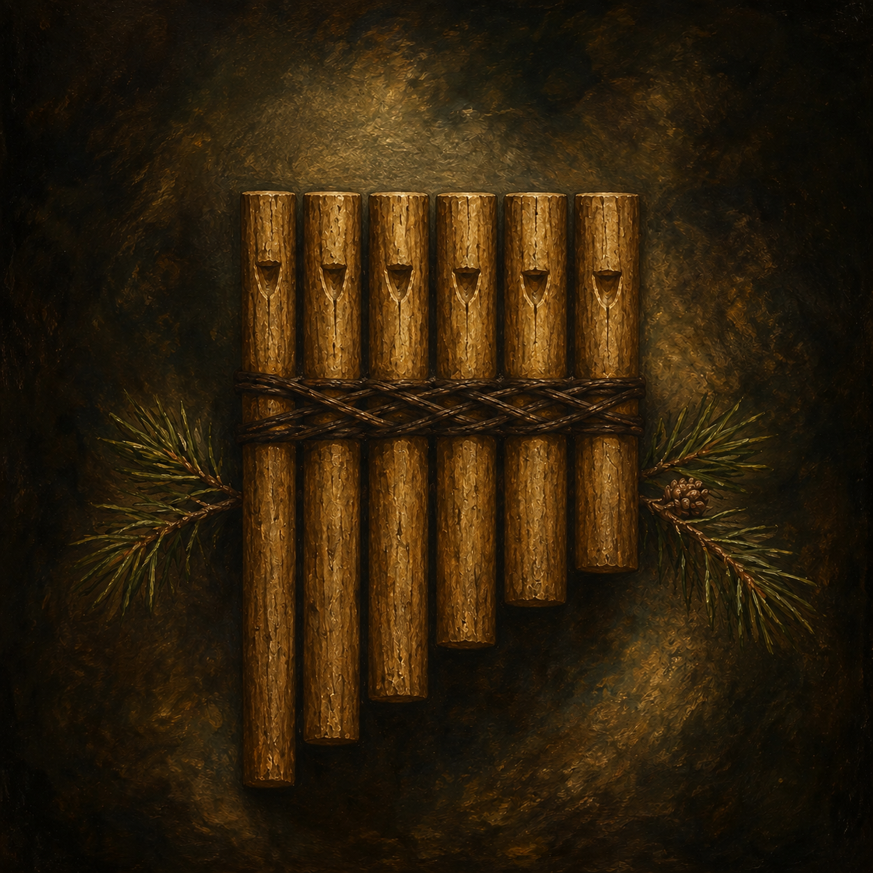 Sacred symbol of Pan, seven level-topped reed pipes bound as a syrinx with a small pine sprig