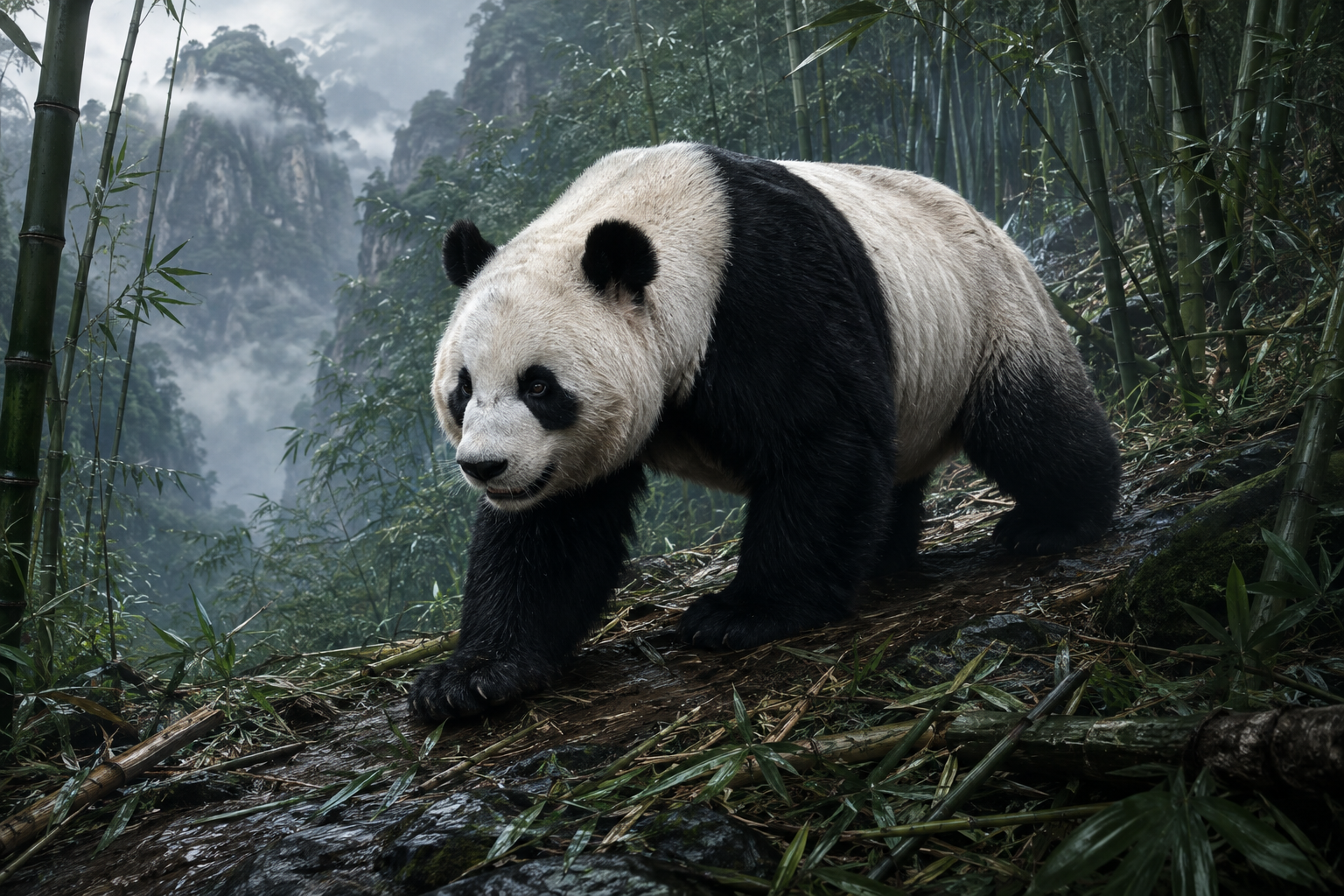A powerful giant panda moving through a misty mountain bamboo forest