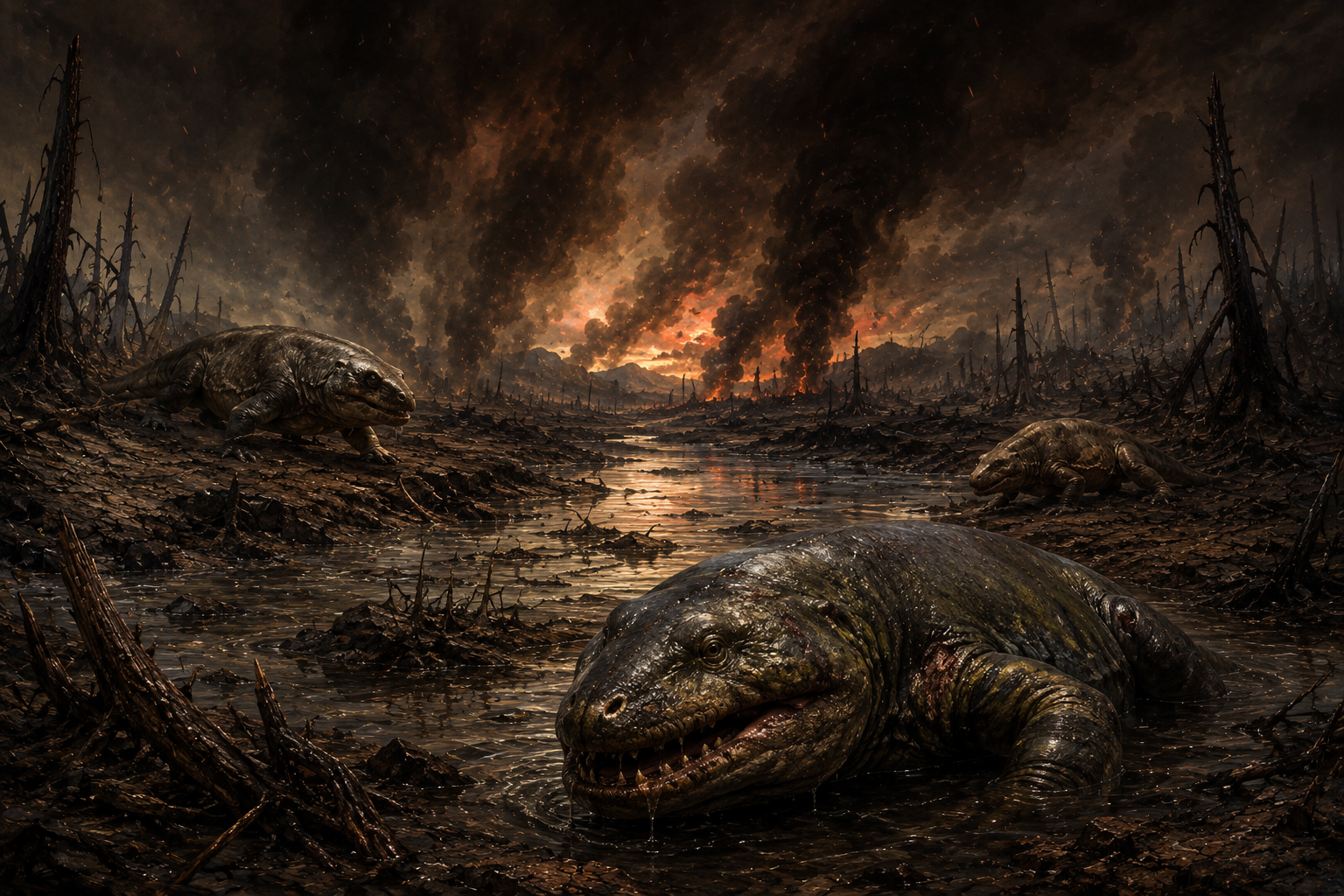 Battered prehistoric animals struggle beside a dying river beneath smoke, fire, ash and a devastated Permian landscape during the Great Dying.
