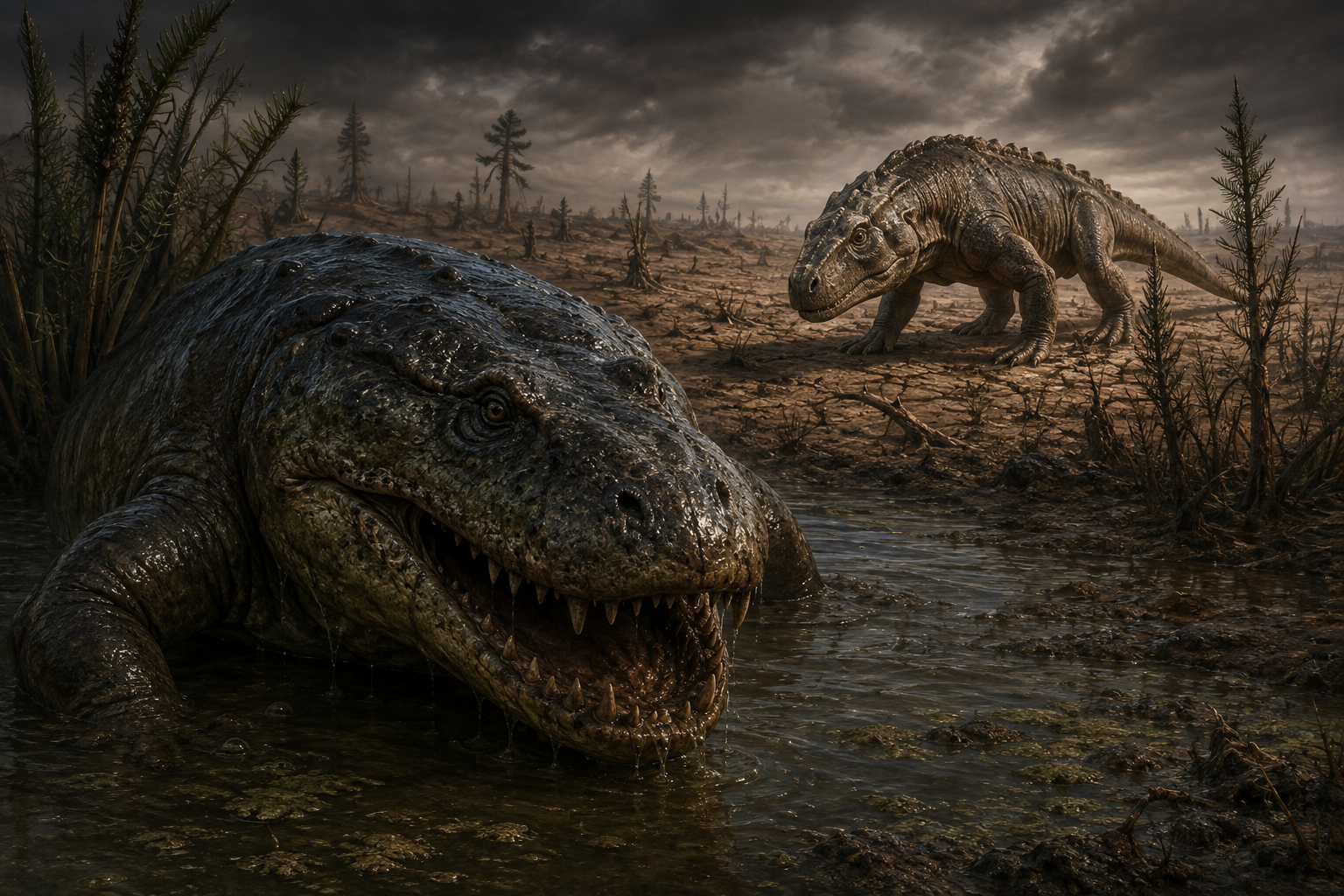 A huge broad-headed Permian amphibious predator rises from a shrinking river while a powerful synapsid watches from the dry bank.