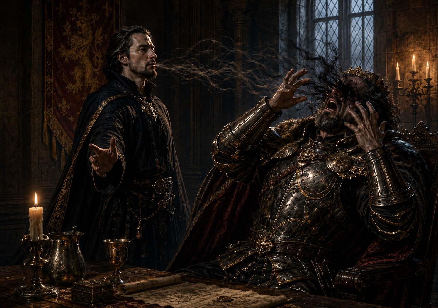 A sorcerer speaks Power Word Blind in a medieval war chamber as an armoured ruler recoils and supernatural darkness closes over his sight.