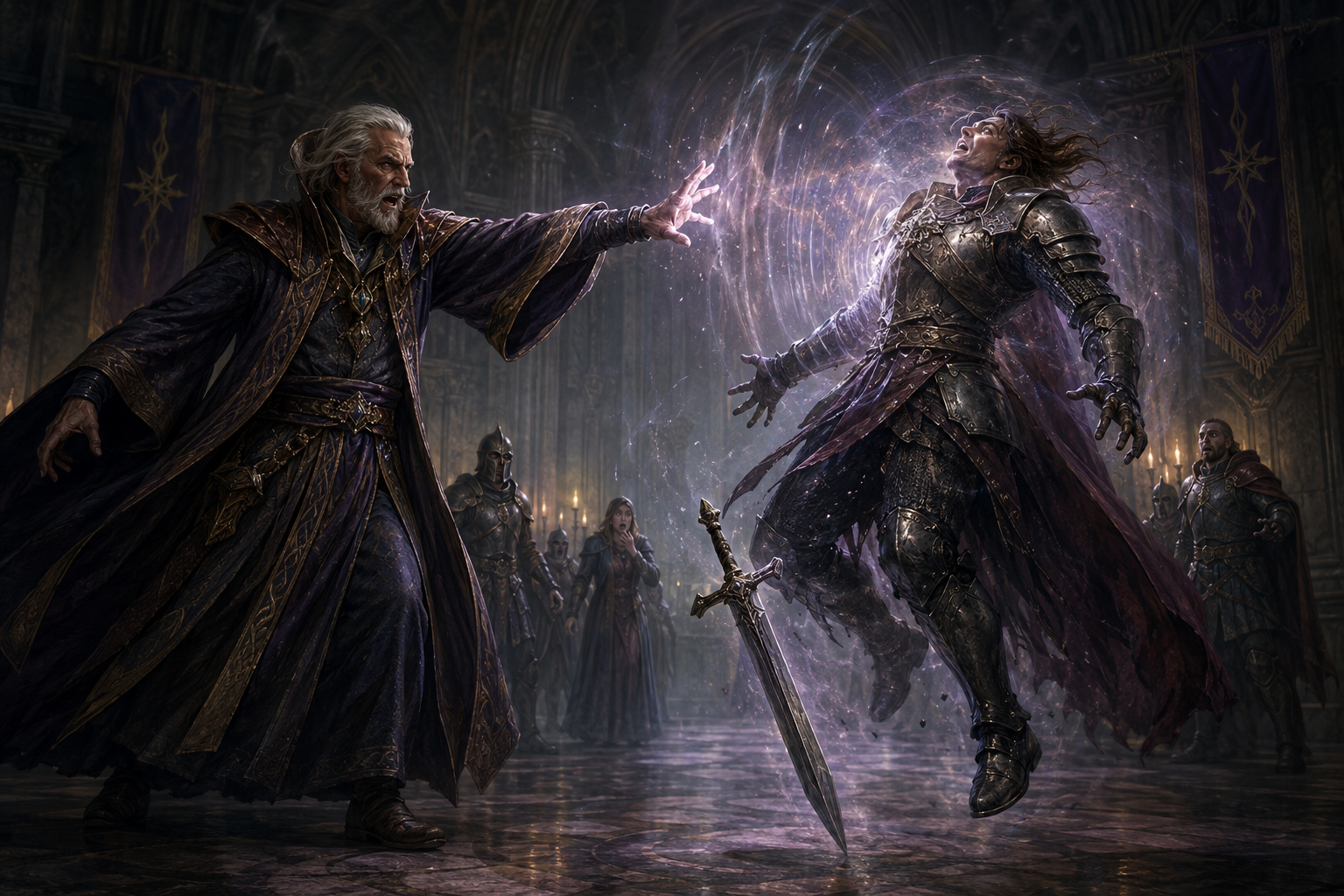 Power Word Stun spell cast by a late-medieval mage against an armoured warrior in a great hall