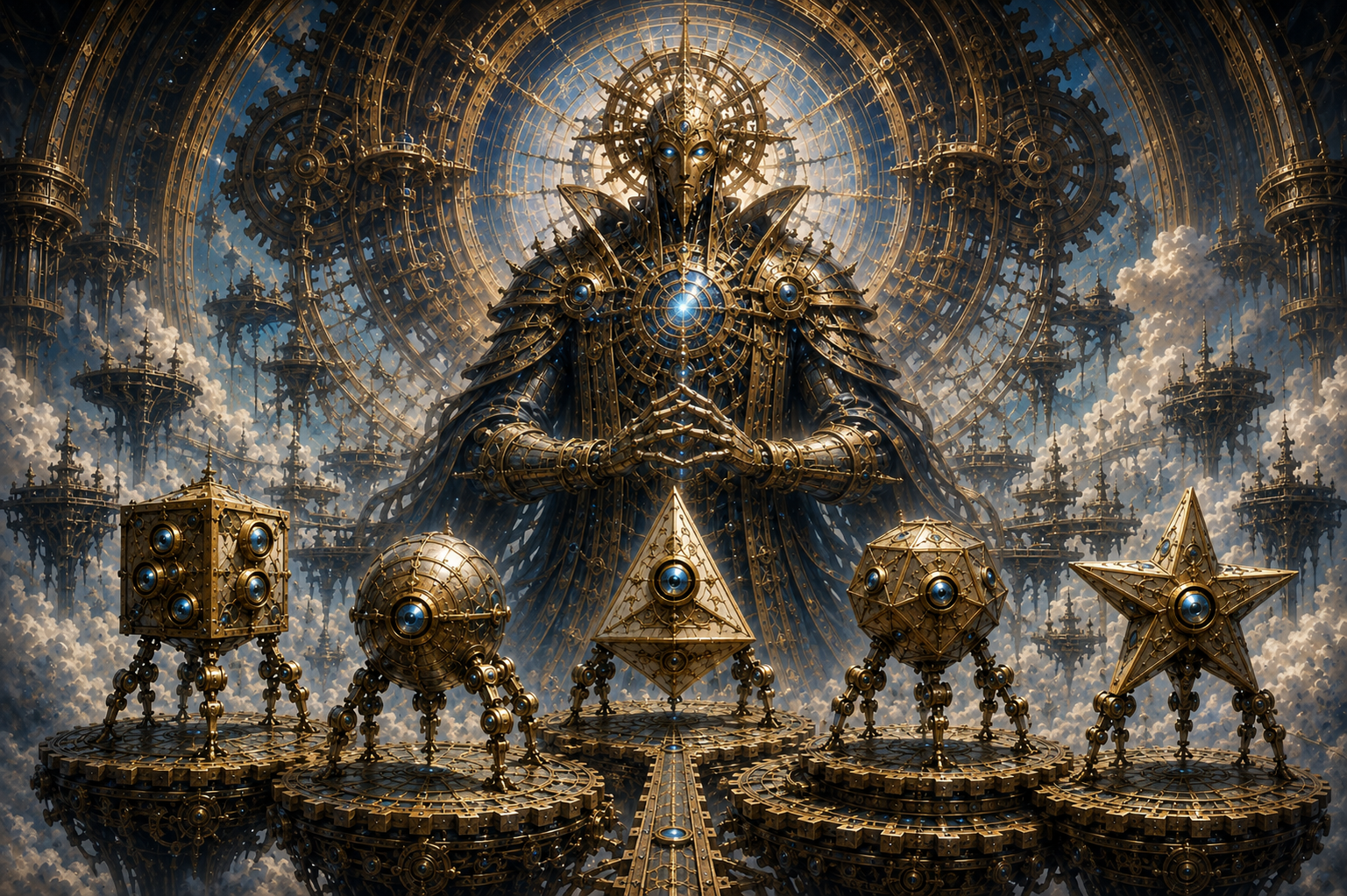 Primus surrounded by geometric modrons within the immense machinery of the Great Mechanism