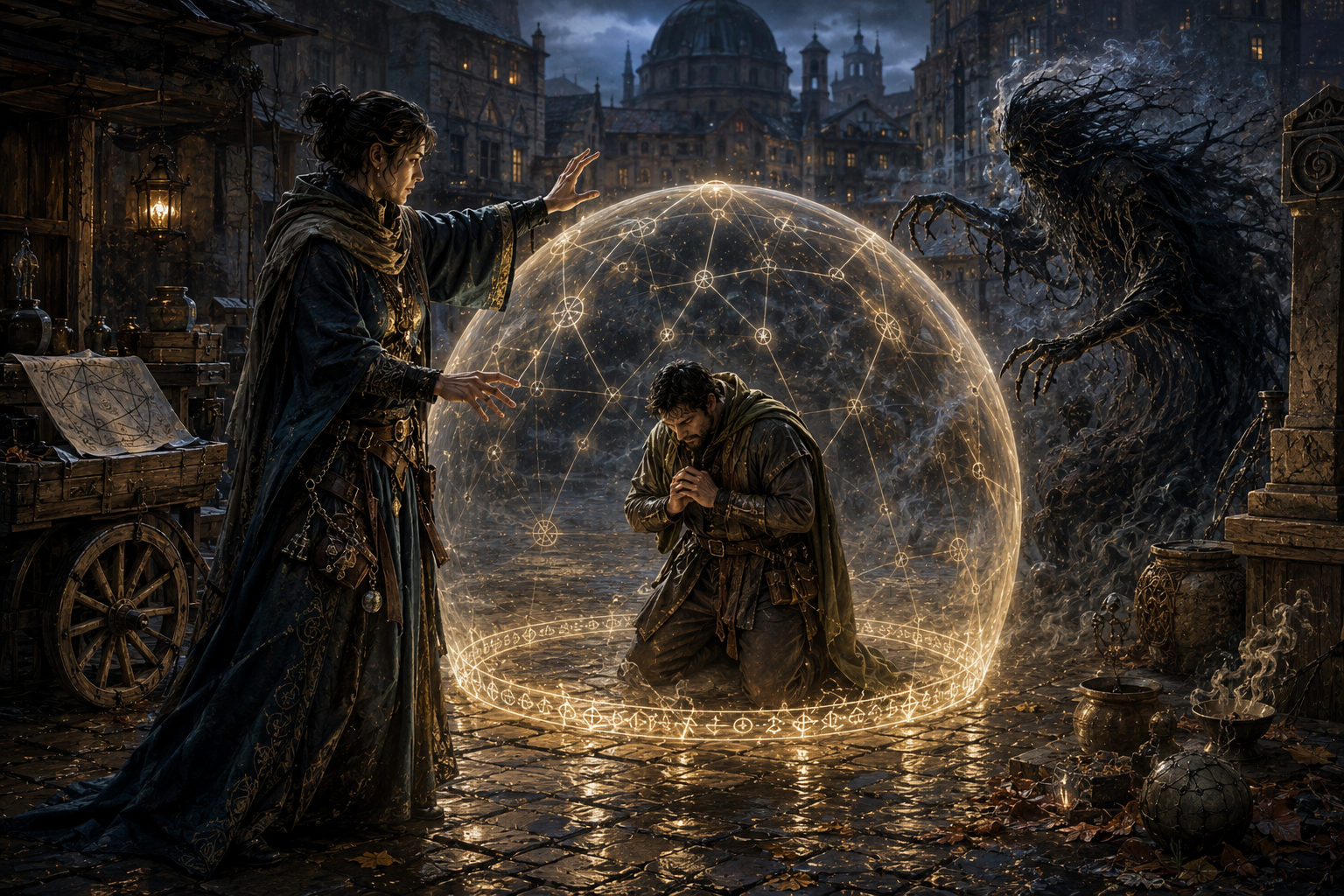 Protection From Evil spell forming a luminous protective ward against a hostile supernatural spirit in 1454