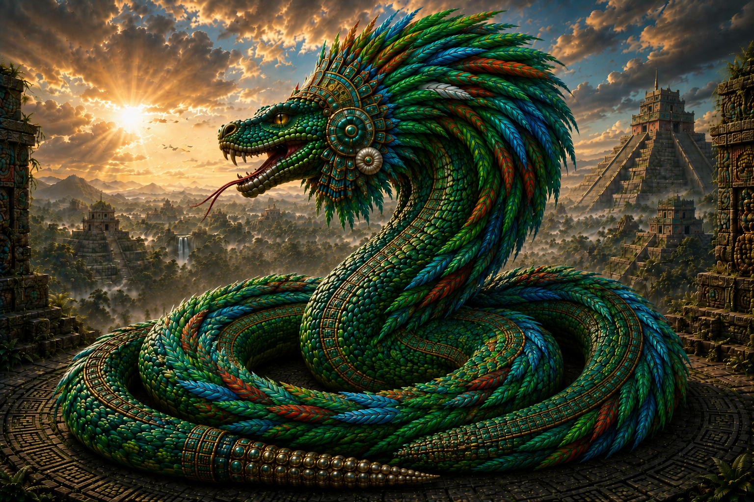 Quetzalcoatl as an enormous feathered serpent coiled above a Mesoamerican sacred landscape