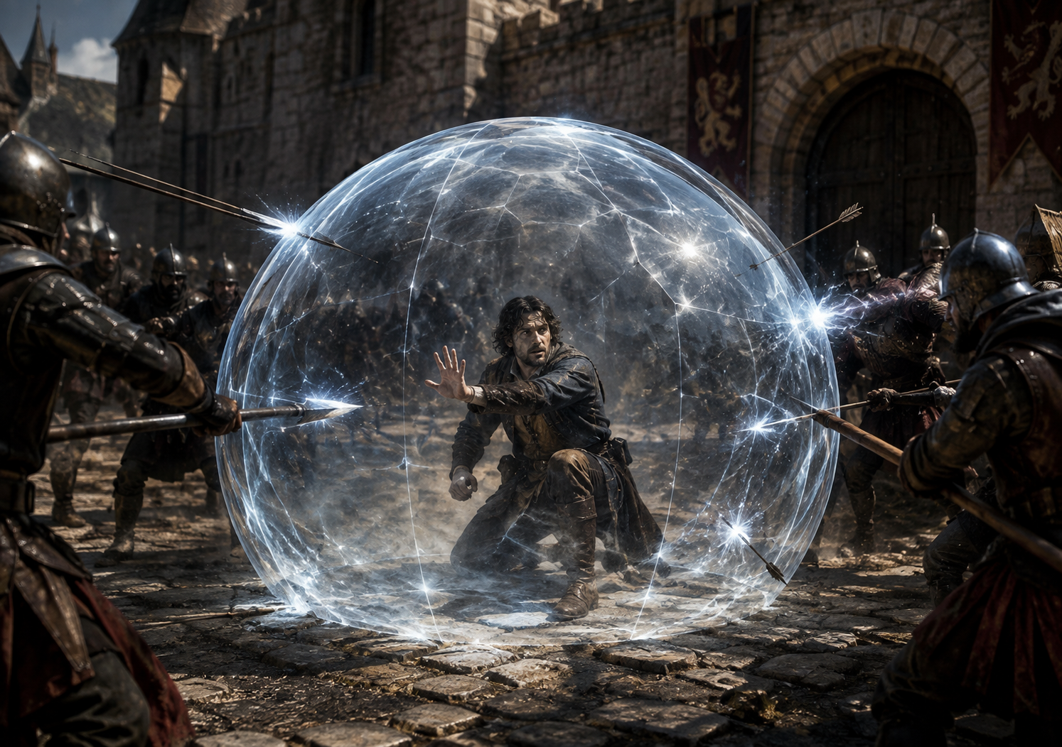 A man enclosed inside a Resilient Sphere while weapons strike the magical force barrier around him