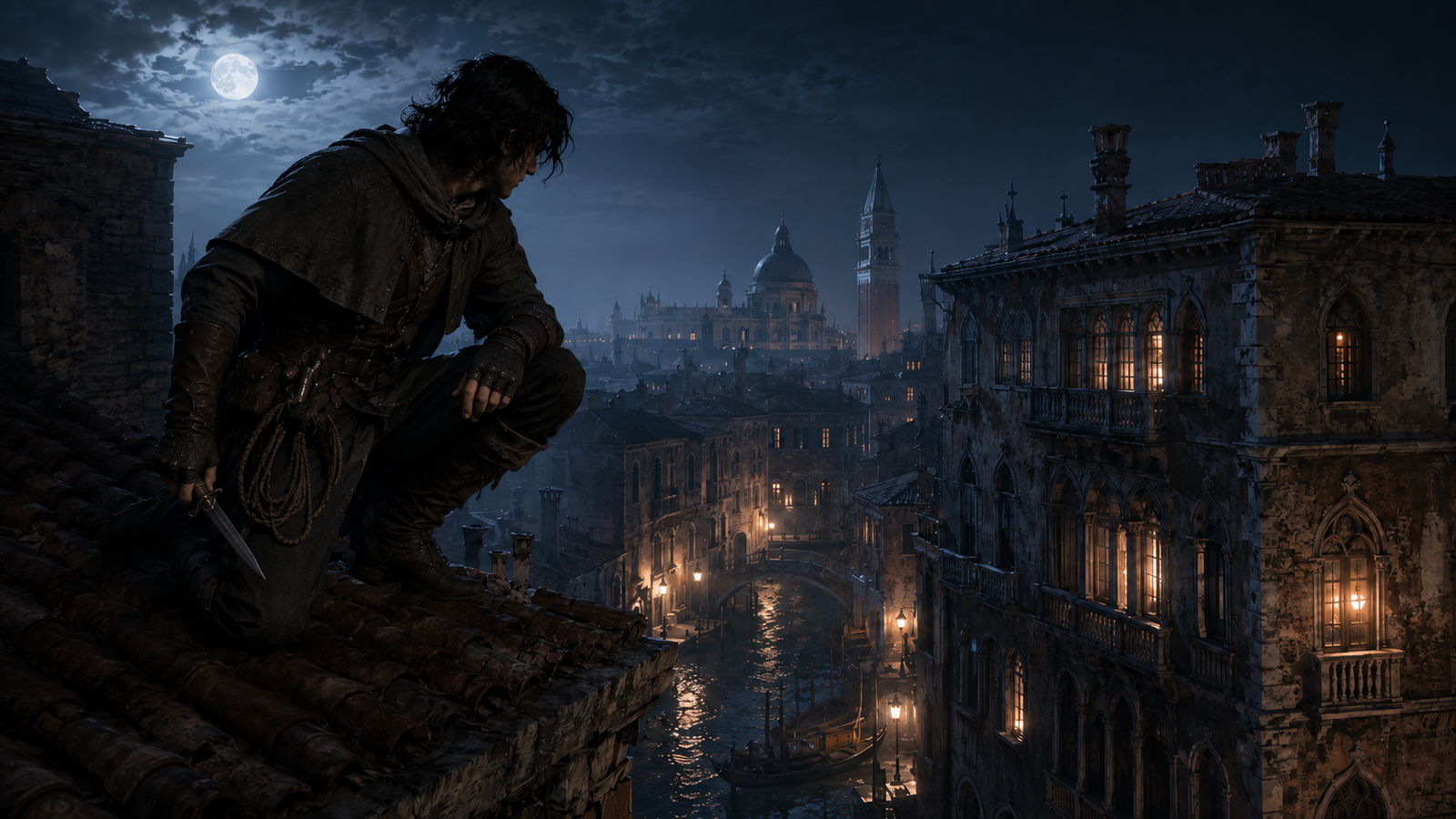 A skilled rogue watching a moonlit canal city from a rooftop in 1454