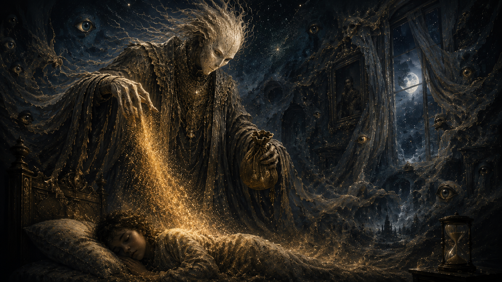 A pale Sandman scattering golden dreamdust over a sleeping victim as the chamber dissolves into Oneirion