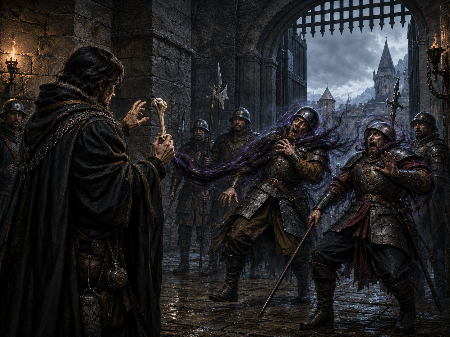 Scare spell in a 1454 gatehouse as selected guards recoil from supernatural fear while nearby soldiers remain unaffected.
