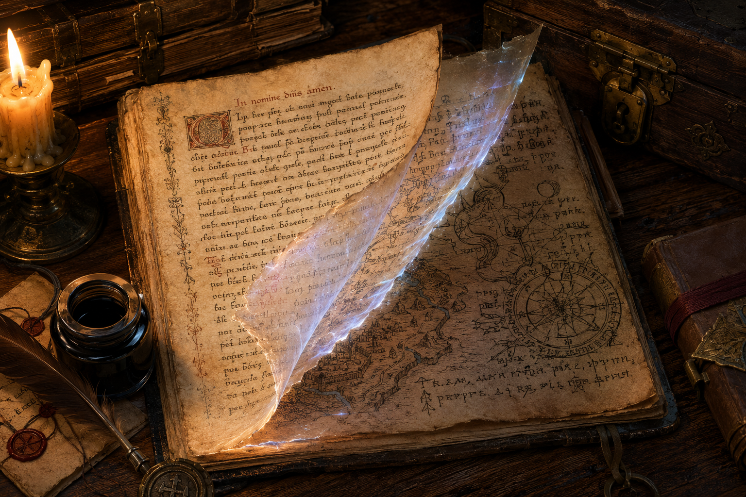 Secret Page spell concealing hidden writing beneath an ordinary fifteenth-century manuscript page.