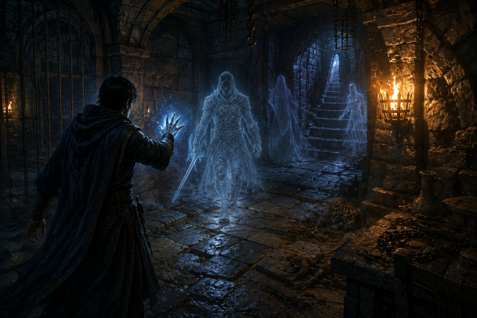 A spellcaster using See Invisibility to reveal otherwise unseen figures in a torchlit dungeon