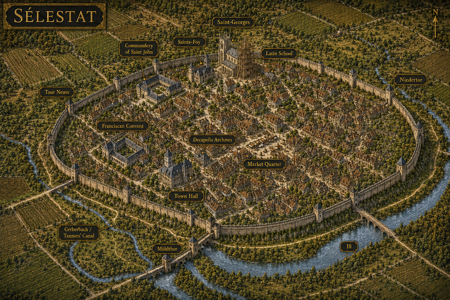 Campaign reconstruction map of Sélestat in 1454 showing medieval walls, Tour Neuve, Niedertor, Mühlthor, Sainte-Foy, unfinished Saint-Georges, the Latin School, Decapolis Archives, Gerberbach and the River Ill