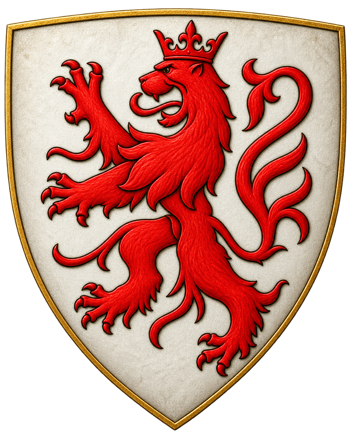 Traditional arms of Sélestat, a crowned red lion rampant on a silver field
