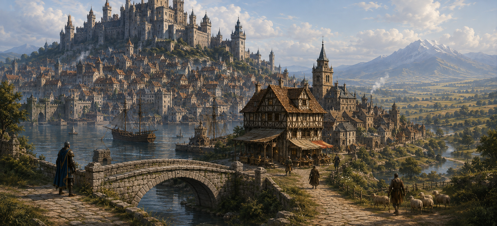 Medieval fantasy settlement landscape showing a fortified river city, harbour, market town, bridge, roads, farmland and surrounding countryside
