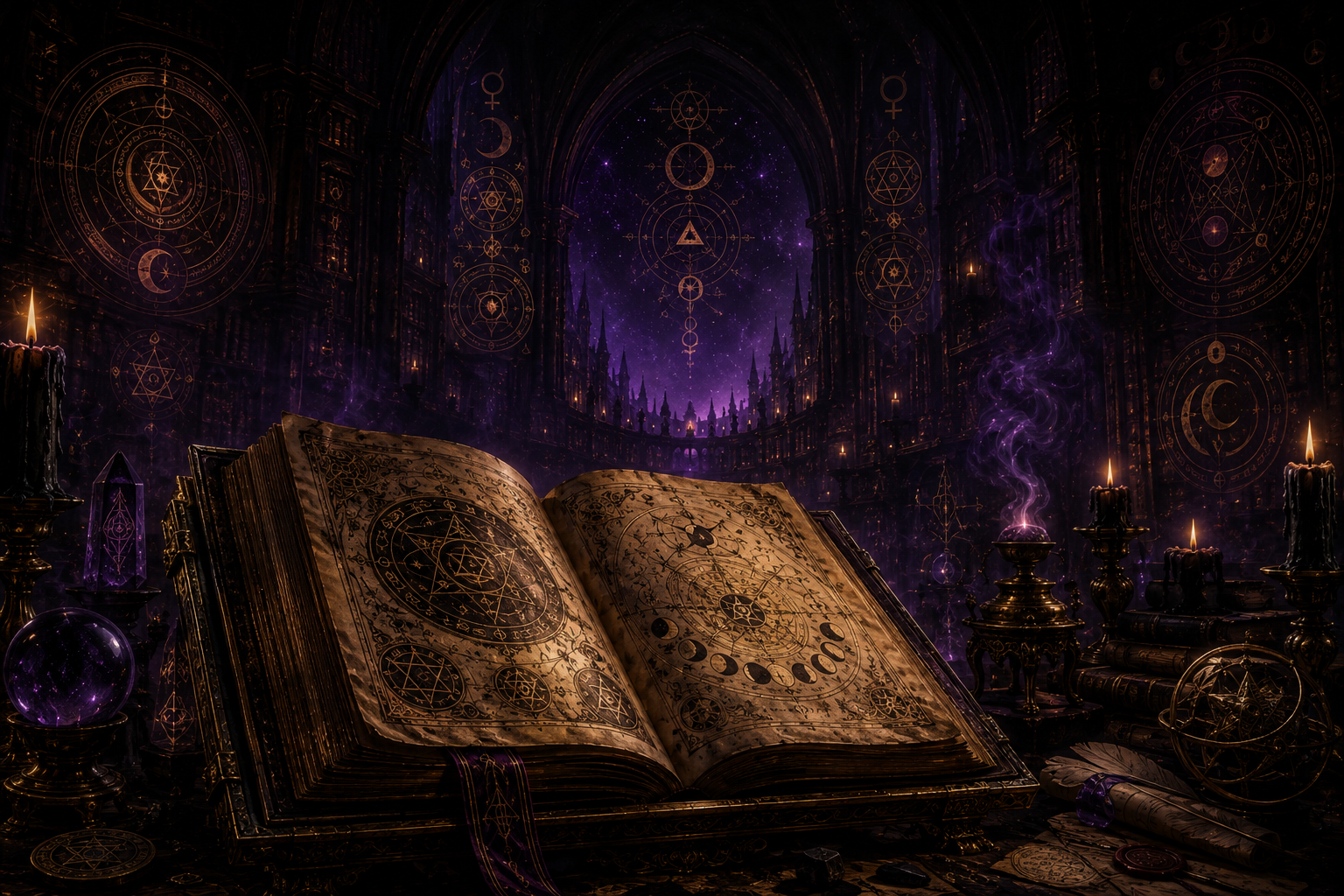 An occult grimoire open within a candlelit arcane library