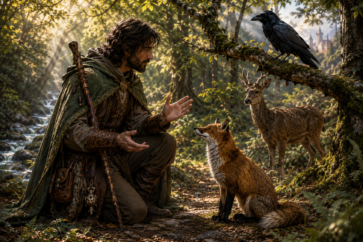 A 1454 fantasy spellcaster speaking with a fox while a raven and deer observe in a woodland
