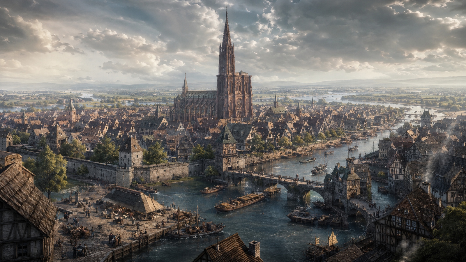 Strasbourg, a fortified Free Imperial City of waterways, merchant quays, bridges and dense late-medieval houses beneath its great cathedral spire