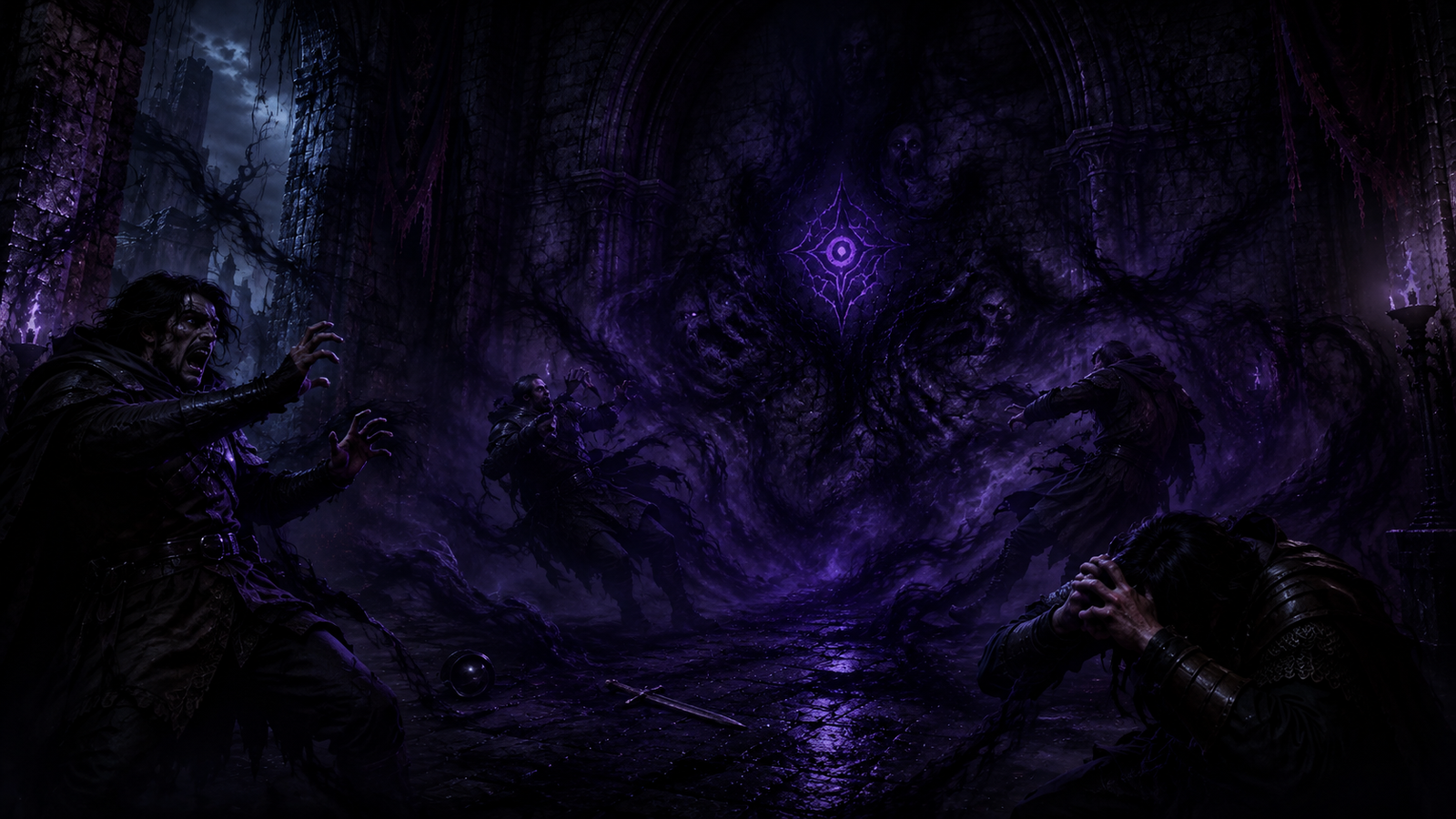 A small violet magical symbol awakens in a ruined stone hall as terrified warriors recoil from nightmare shapes gathering around it