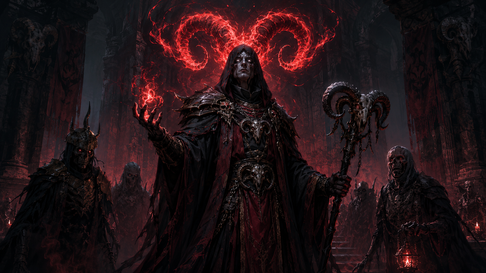 Talon of Spite necromancer beneath a glowing blood-red ram-horn halo while undead servants gather in a dark crypt