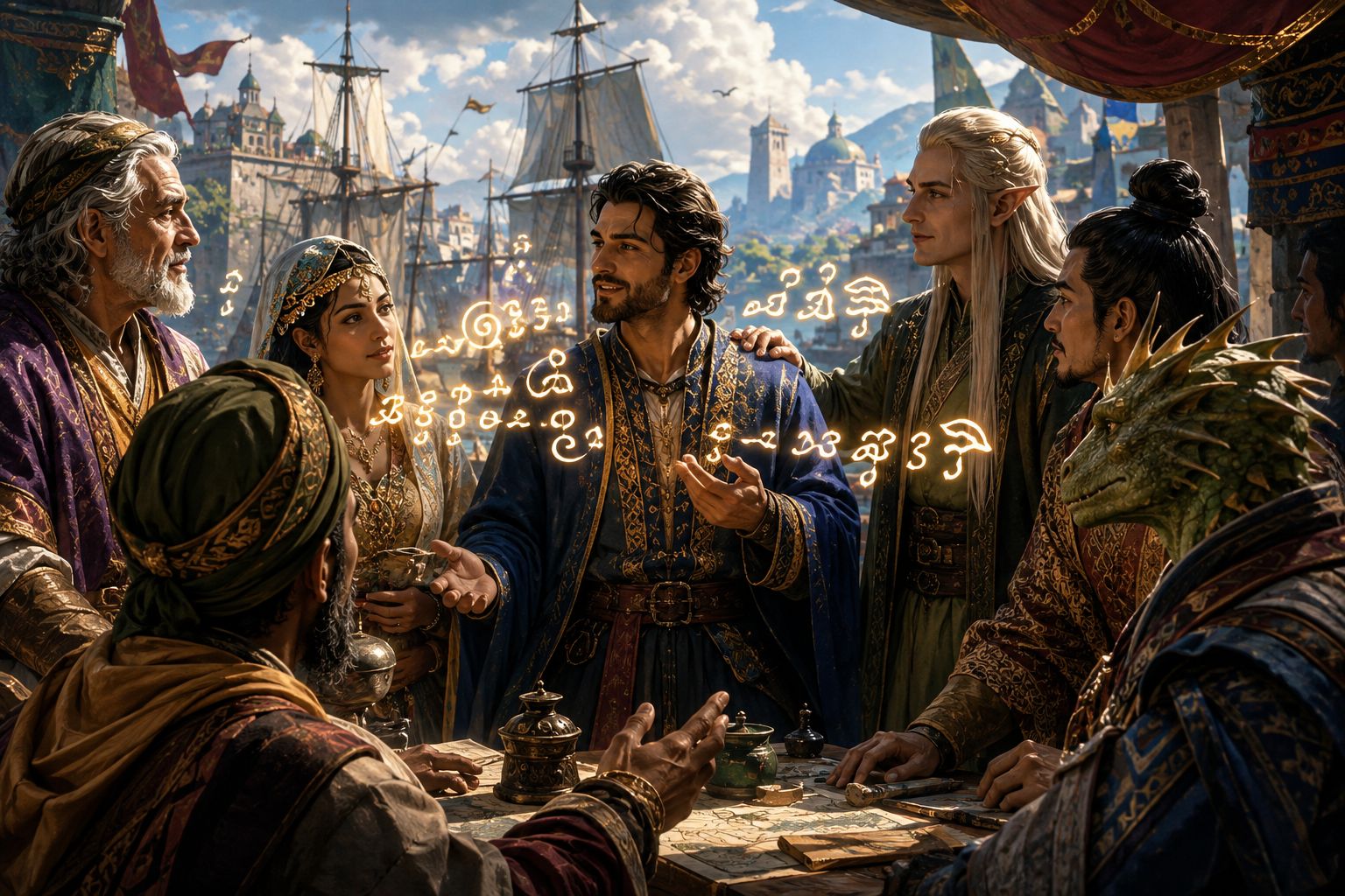 A multilingual gathering of human and nonhuman travellers communicating through the Tongues spell in 1454