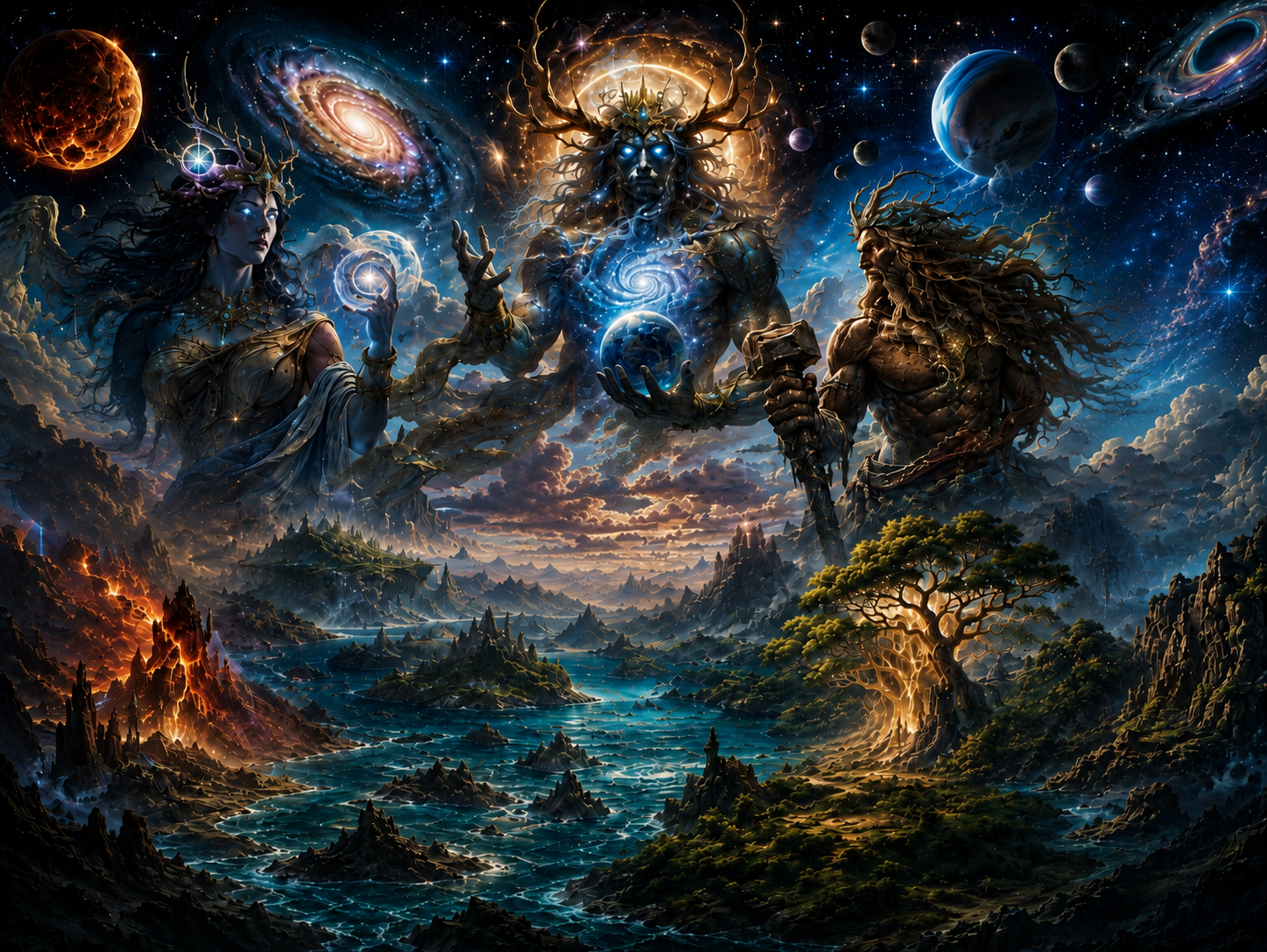 Later mythic iconography representing vast primordial and world-bound powers in familiar humanoid forms
