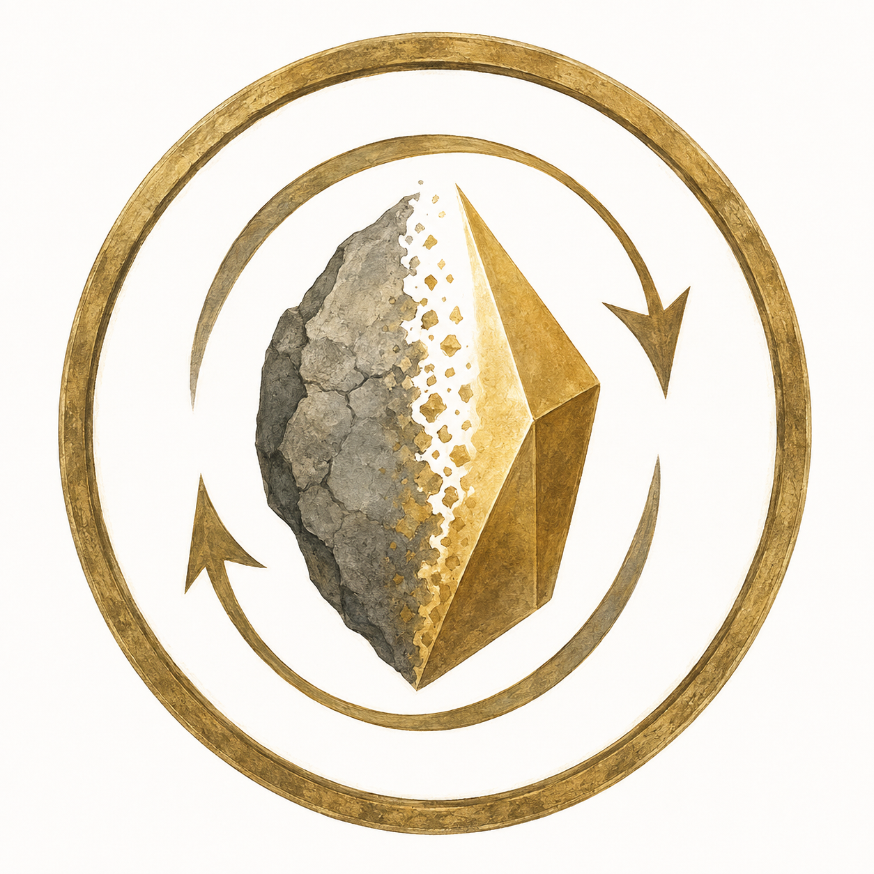 Transmutation school sigil showing rough stone changing into blue crystal