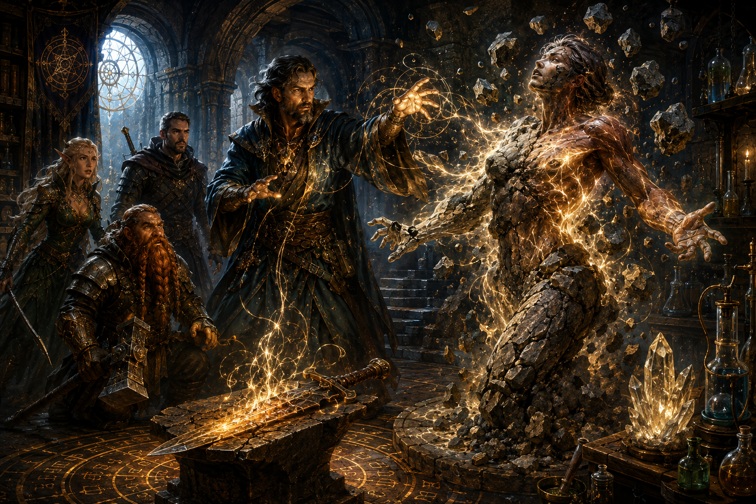 A transmuter reshapes a sword, fractures a stone figure and transforms a living body while an adventuring party watches