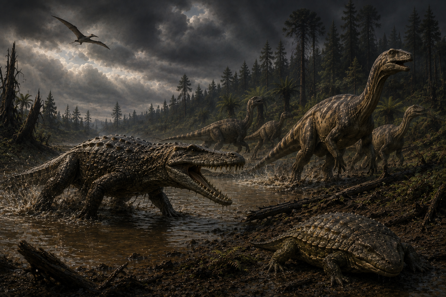 A Postosuchus-like predator confronts a herd of early long-necked dinosaurs beside a muddy Triassic river while an armoured Stagonolepis and a pterosaur share the landscape.