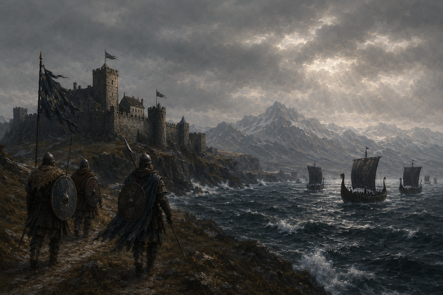A fortified northern coastal kingdom overlooking stormy seas and longships